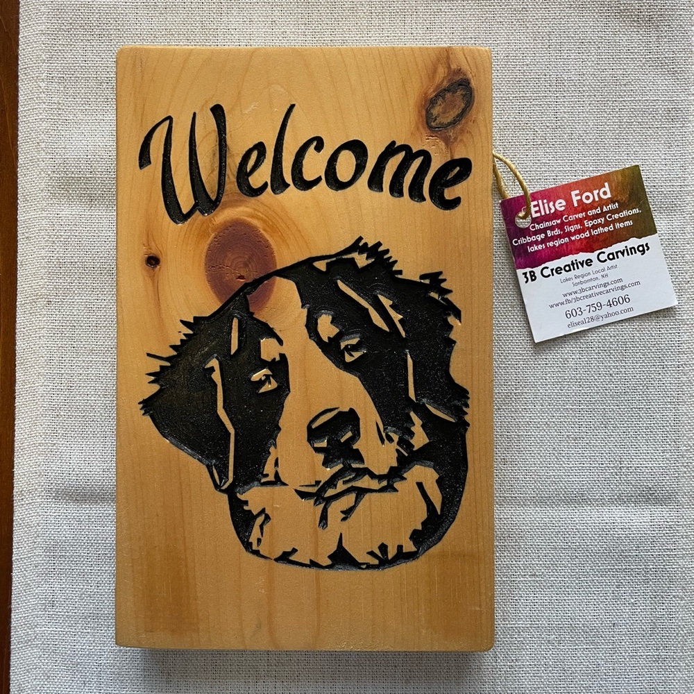 Wooden Welcome Sign with Bernese Mountain Dog Design